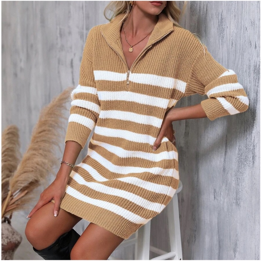 Cozy Color Block Stripes Zipper Sweater Dress - Picture 7 of 12